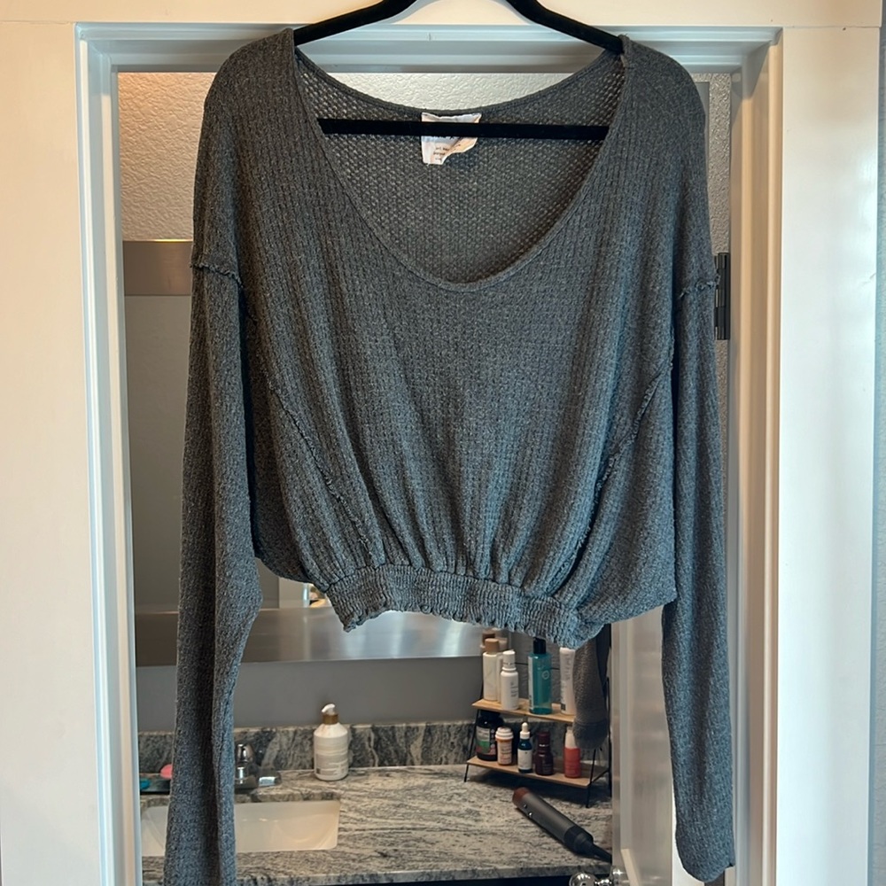 Grey Waffle Textured Cropped Sweater